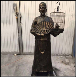 古代人物遛鳥銅雕